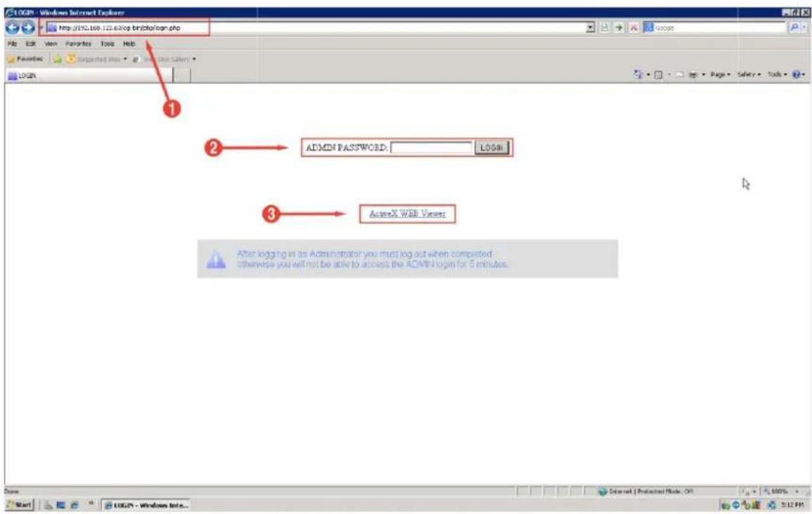 LOGN - Windows Internet Explorer http://170.168.123.63log-bin/chp/login.php File Edit View Favorites Tools Help Favorites Supported Info - Software Salary - LOGN 1 2 ADMIN PASSWORD: LOGIN 3 Actions WEB Viewer After logging in as Administrator you must log out when completed, otherwise you will not be able to access the ADMIN login for 5 minutes. Date Start LOGN - Windows Info...