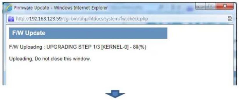 Firmware Update - Windows Internet Explorer http://192.168.123.59/cgi-bin/php/htdocs/system/fw_check.php F/W Update F/W Uploading : UPGRADING STEP 1/3 [KERNEL-0] - 88(%) Uploading, Do not close this window.