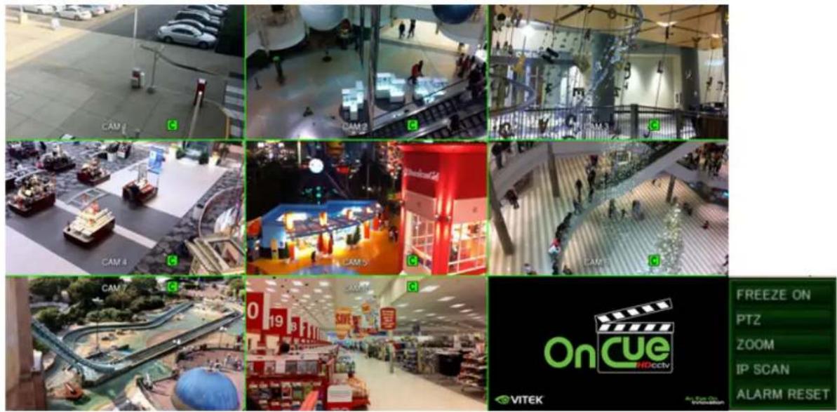 Collage of surveillance cameras and mobile shopping scenes with visible camera icons and a 'OnCue' logo on the right.