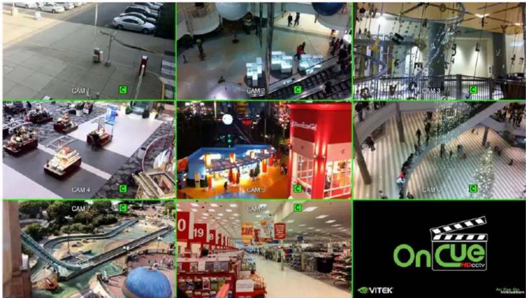 Collage of surveillance cameras and display screens in a retail or exhibition space, including CAMs, stores, and a VITEK logo.