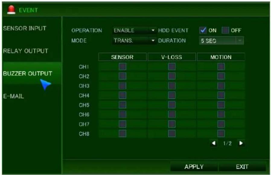 EVENT SENSOR INPUT RELAY OUTPUT BUZZER OUTPUT E-MAIL OPERATION ENABLE HDD EVENT ON OFF MODE TRANS. DURATION 5 SEC SENSOR V-LOSS MOTION CH1 CH2 CH3 CH4 CH5 CH6 CH7 CH8 1/2 APPLY EXIT