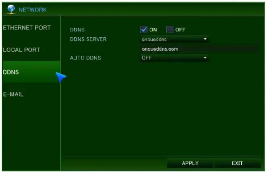 NETWORK ETHERNET PORT LOCAL PORT DDNS E-MAIL DDNS ON OFF DDNS SERVER oncueddns oncueddns.com AUTO DDNS OFF APPLY EXIT