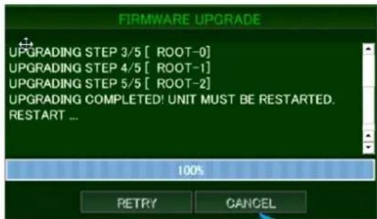 FIRMWARE UPGRADE UPGRADING STEP 3/5 [ ROOT-0] UPGRADING STEP 4/5 [ ROOT-1] UPGRADING STEP 5/5 [ ROOT-2] UPGRADING COMPLETED! UNIT MUST BE RESTARTED. RESTART ... 100% RETRY CANCEL