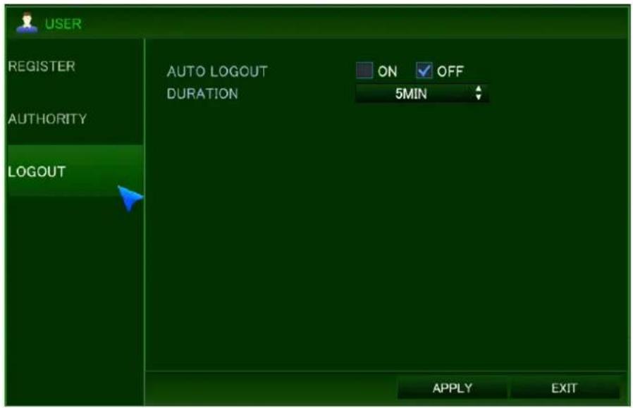 USER REGISTER AUTHORITY LOGOUT AUTO LOGOUT DURATION ON OFF 5MIN APPLY EXIT