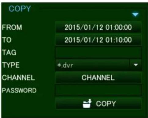 COPY FROM 2015/01/12 01:00:00 TO 2015/01/12 01:10:00 TAG TYPE *.dvr CHANNEL CHANNEL PASSWORD COPY