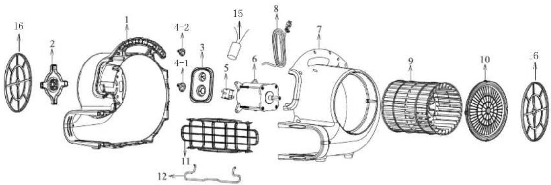Technical diagram of an electric motor assembly with numbered components and labeled parts