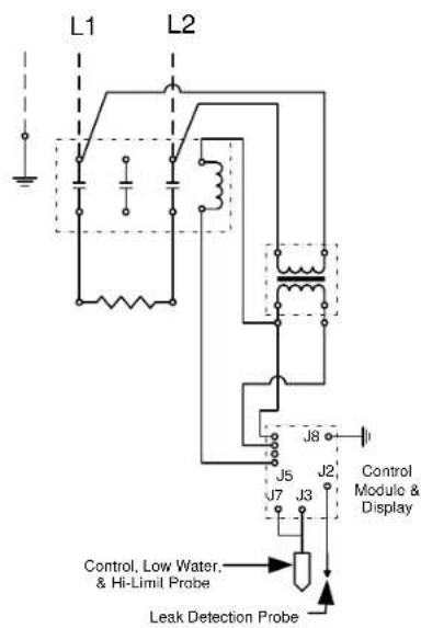 L1 L2 J8 J5 J2 Control Module & Display J7 J3 Control, Low Water, & Hi-Limit Probe Leak Detection Probe