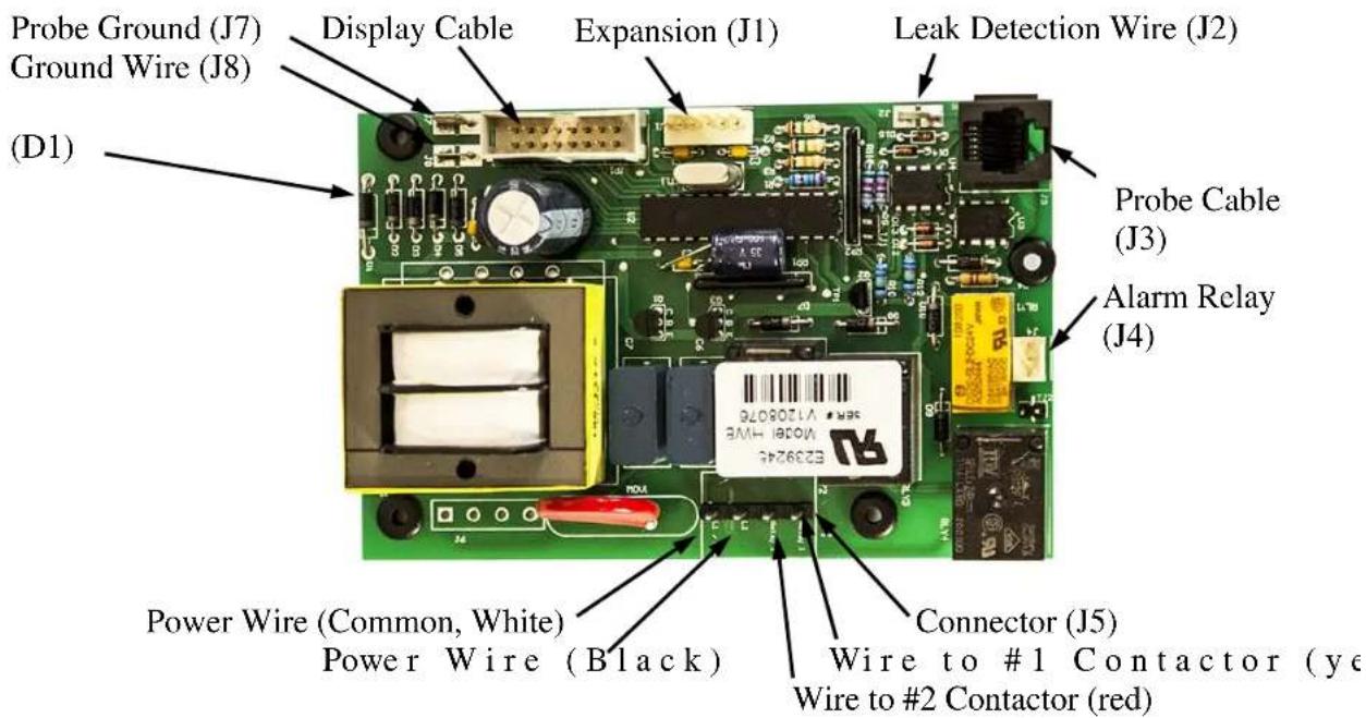Probe Ground (J7) Ground Wire (J8) (D1) Display Cable Expansion (J1) Leak Detection Wire (J2) Probe Cable (J3) Alarm Relay (J4) Power Wire (Common, White) Power Wire (Black) Connector (J5) Wire to #1 Contactor (ye Wire to #2 Contactor (red)