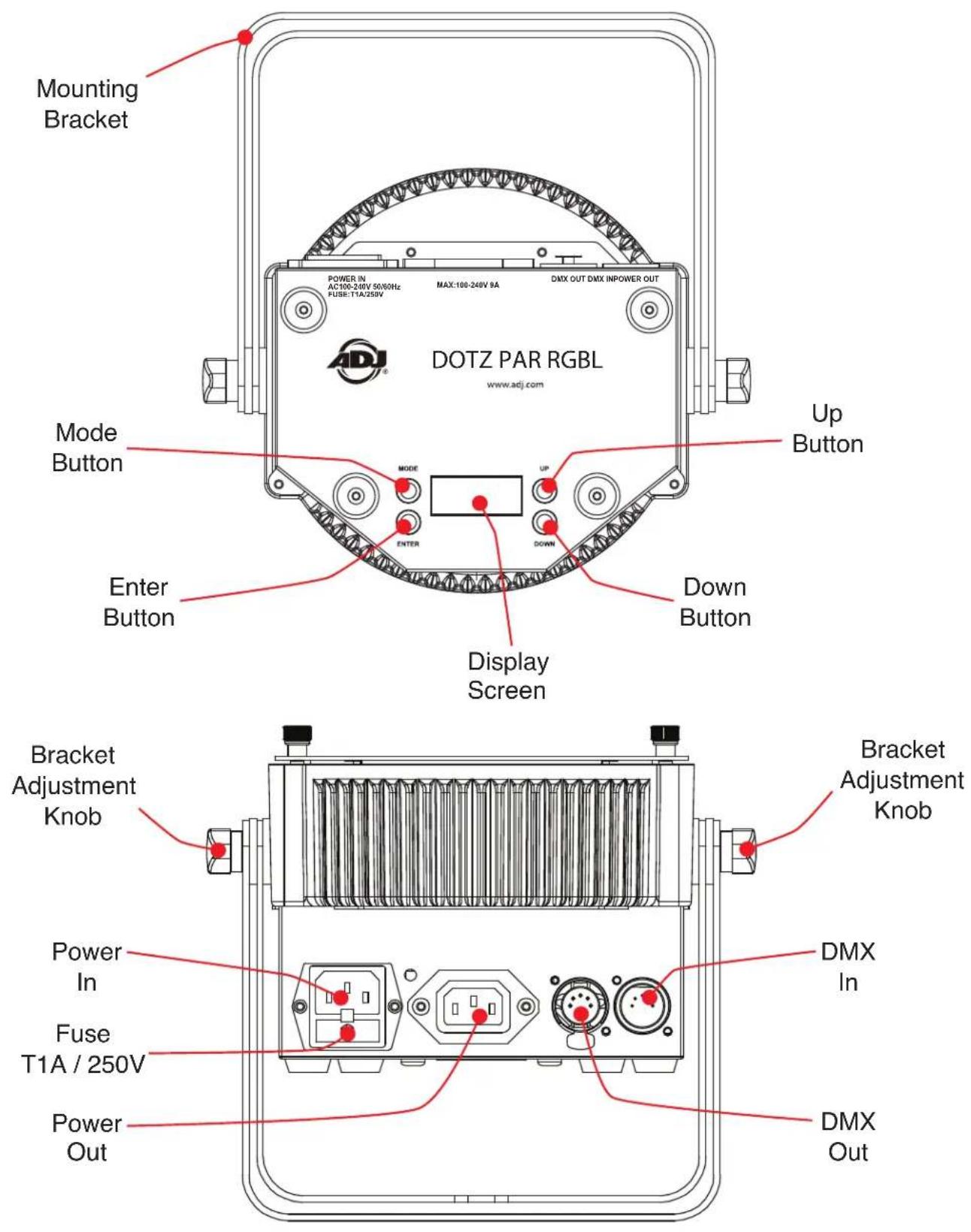 Mounting Bracket POWER IN AC100-240V 50/60Hz FUSB-T1A/250V MAX:100-240V 9A DMX OUT DMX INPOWER OUT DOTZ PAR RGBL www.adj.com Up Button Mode Button MODE UP Down Button Enter Button Display Screen Bracket Adjustment Knob Bracket Adjustment Knob Power In Fuse T1A / 250V Power Out DMX In DMX Out