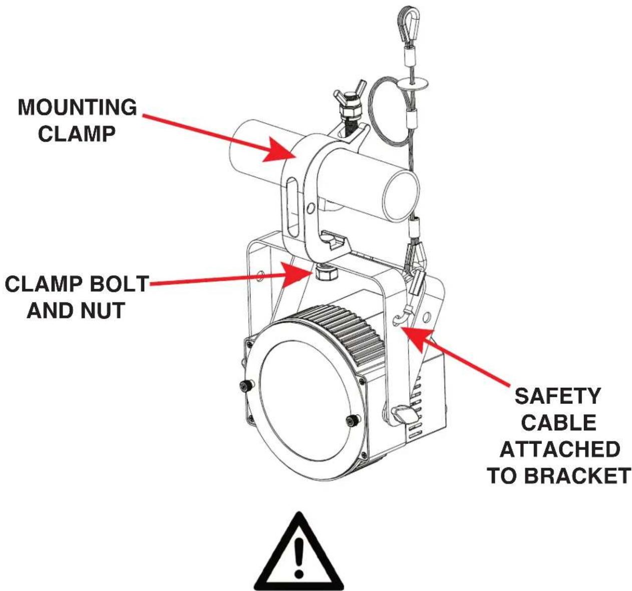 MOUNTING CLAMP CLAMP BOLT AND NUT SAFETY CABLE ATTACHED TO BRACKET