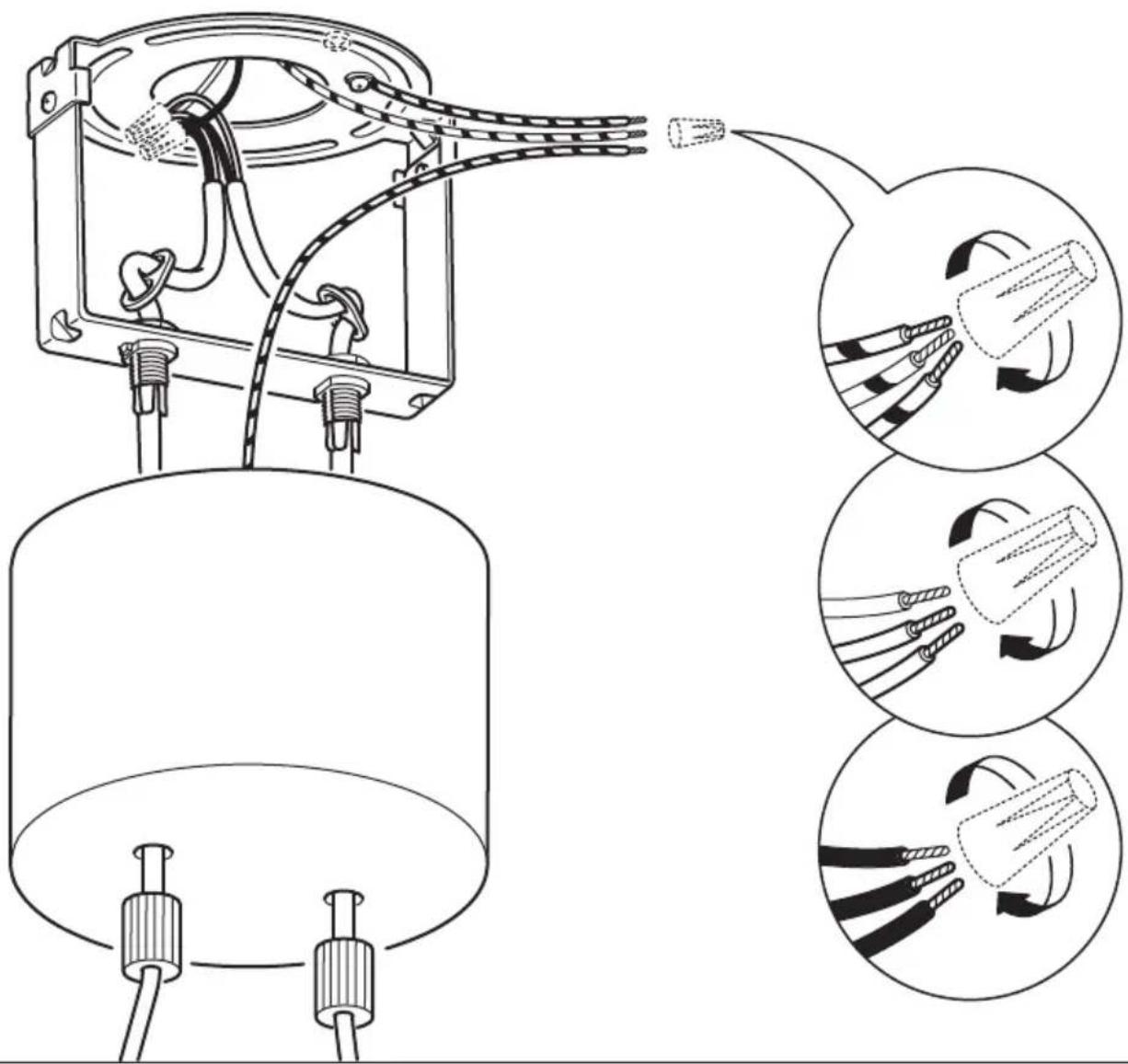 Technical diagram showing electrical wiring connections to a cylindrical device, with three magnified insets illustrating cable termination and wire wrapping.