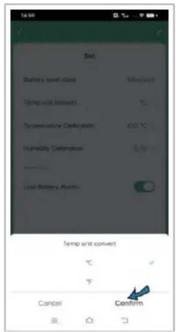 16:50 Set Battery level plane Maximum Temp unit convert Temperature/ Celsius 0.0 °C Humidity/Condition Low Battery Alarm Temp unit convert Cancel Confirm
