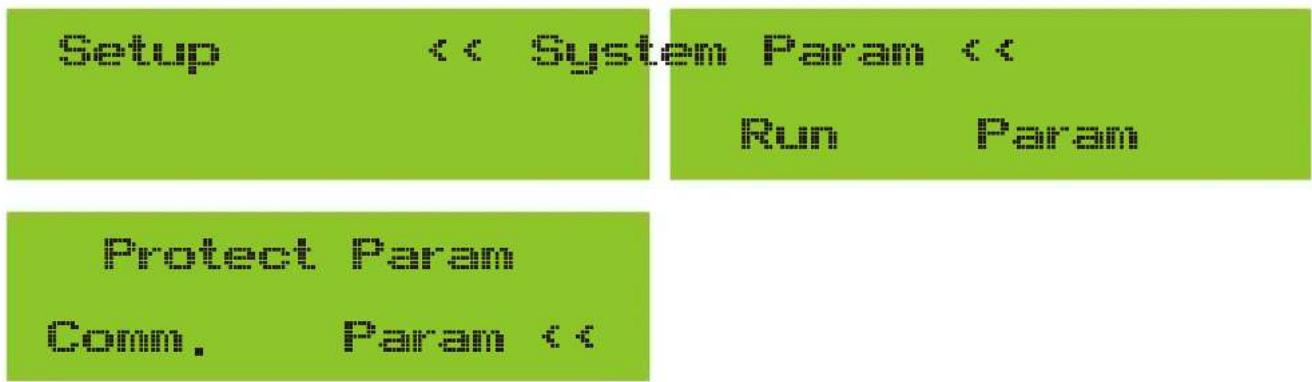Setup << System Param << Run Param Protect Param Comm. Param <<