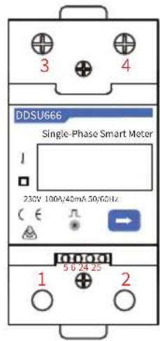 DDSU666 Single-Phase Smart Meter 230V 100A/40mA/50V/60Hz 1 5 6 24 25 2