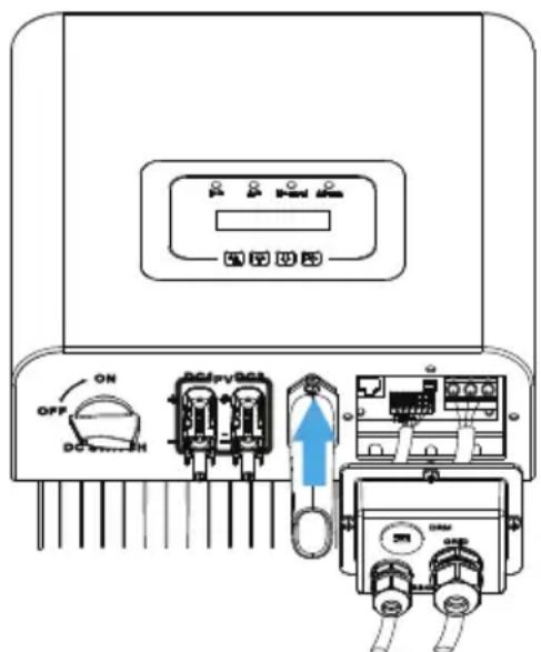 Diagram of an electrical control panel with labeled buttons and indicators for ON/OFF status, including a blue arrow indicating direction.