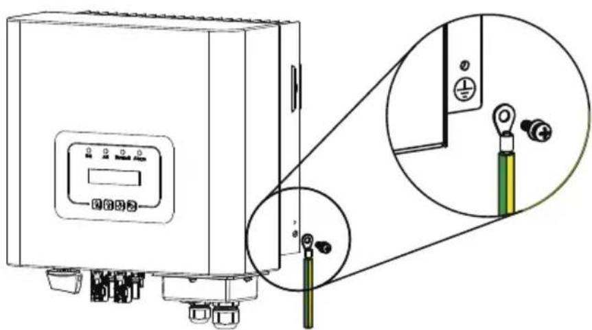 Technical diagram showing a device with labeled components and a magnified inset highlighting a terminal connection detail.