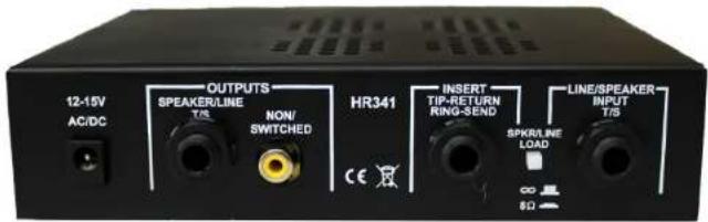 12-15V AC/DC OUTPUTS SPEAKER/LINE T/S NON/ SWITCHED HR341 INSERT TIP-RETURN RING-SEND LINE/SPEAKER- INPUT T/S SPKRLINE LOAD ∞ 8Ω