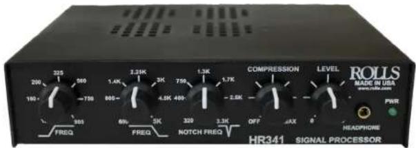 200 325 560 1.4K 2.25K 1.3K 750 4.5K 400- 1.7K -2.5K COMPRESSION LEVEL ROLLS MADE IN USA www.rolls.com FREQ 600 5K 320 3.3K OFF JAX 0 PWR FREQ NOTCH FREQ HEADPHONE HR341 SIGNAL PROCESSOR
