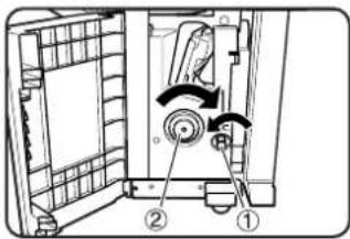 Technical diagram of a mechanical device with labeled parts ① and ②, showing internal components and directional arrows.