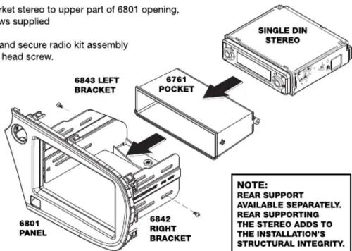 6843 LEFT BRACKET 6761 POCKET 6801 PANEL 6842 RIGHT BRACKET SINGLE DIN STEREO NOTE: REAR SUPPORT AVAILABLE SEPARATELY. REAR SUPPORTING THE STEREO ADDS TO THE INSTALLATION'S STRUCTURAL INTEGRITY.