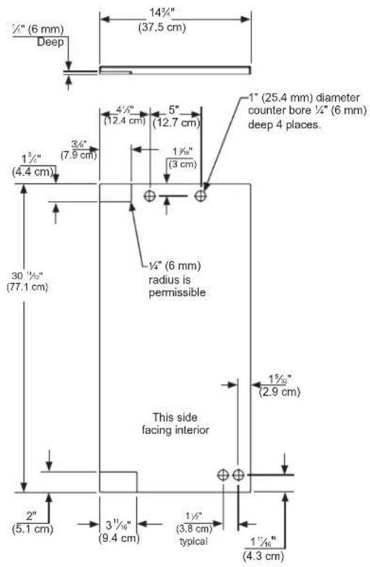 1/4" (6 mm) Deep 14½" (37.5 cm) 4½" (12.4 cm) 5" (12.7 cm) 1" (25.4 mm) diameter counter bore ½" (6 mm) deep 4 places. 1¾" (7.9 cm) 3/4" (4.4 cm) 1¾" (3 cm) 30 ½" (77.1 cm) ½" (6 mm) radius is permissible This side facing interior 2" (5.1 cm) 3⅓/Ⅵ" (9.4 cm) 1½" (3.8 cm) typical 1⅓/Ⅵ" (4.3 cm)