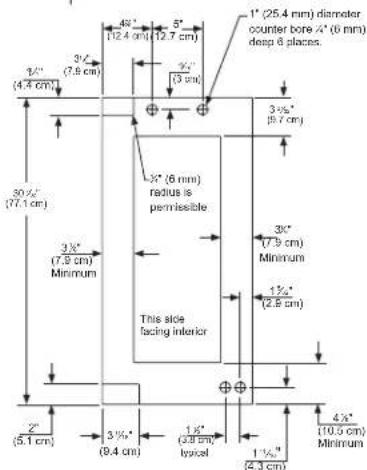 1" (25.4 mm) diameter counter bore 7" (6 mm) deep 6 places. 3½" (9.7 cm) 4½" (12.4 cm) 5" (12.7 cm) 3½" (7.8 cm) 3½" (7.9 cm) Minimum 3½" (6 mm) radius is permissible This side facing interior 3½" (7.9 cm) Minimum 1½" (2.9 cm) 2" (5.1 cm) 3½" (9.4 cm) 1½" (3.8 cm) typical 1½" (4.3 cm) 4½" (10.0 cm) Minimum