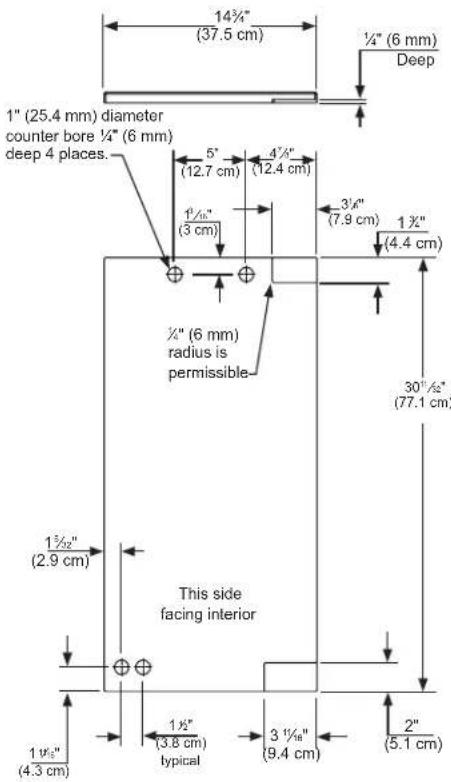 1" (25.4 mm) diameter counter bore ¼" (6 mm) deep 4 places. ½" (6 mm) Deep 5" (12.7 cm) 4½" (12.4 cm) 3½" (7.9 cm) 1¾" (4.4 cm) ½" (6 mm) radius is permissible 30½" (77.1 cm) This side facing interior 1½" (3.8 cm) typical 3½" (9.4 cm) 2" (5.1 cm)