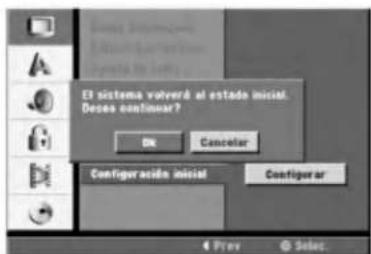 El sistema volverá al estado inicial. Desea continuar? OK Cancelar Configuración inicial Configurar 4 Prev © Select