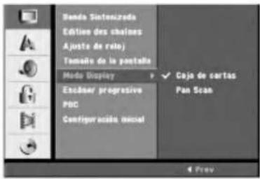 Bende Sintenszerda Édition des chaînes Ajuste de role) Tamaño de la portaflo Modo Display Escainer/ progressive PBC Configuración social ✓ Caja de cartas Pan Scan Prev