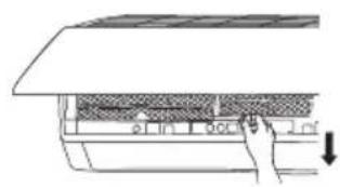 Diagram showing a hand pressing down on a device with labeled parts and directional arrow