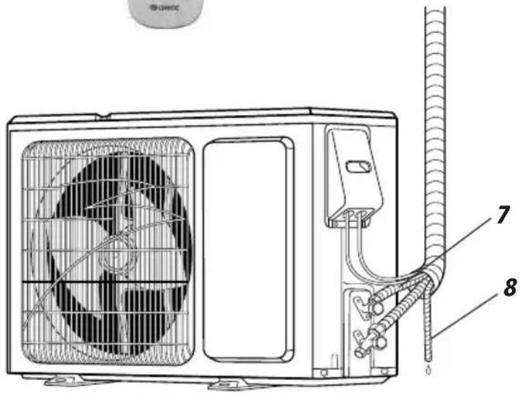 Technical diagram of an air conditioning unit with labeled components 7 and 8, showing fan blades and ventilation ducts.