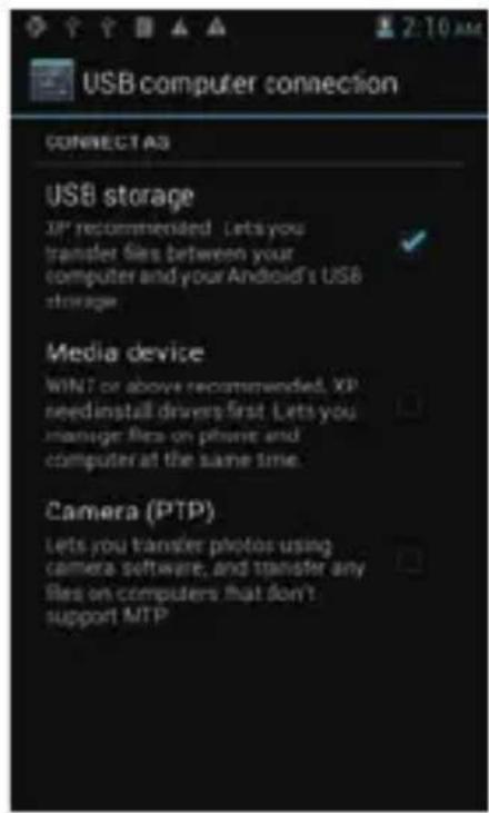 USB computer connection CONNECT AS USB storage XP recommended. Lets you transfer files between your computer and your Android's USB storage Media device WIN? or above recommended, XP need install drivers first. Lets you manage files on phone and computer at the same time. Camera (PTP) Lets you transfer photos using camera software, and transfer any files on computers that don't support MTP