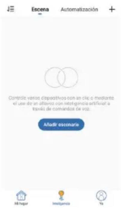Escena Automatización + Controlle varios dispositivos con an clic o mediante el uso de an aflavoz con inteligencia artificial a través de commandos de voz. Afoadir escénarle Má hogar Ineligencia Ya
