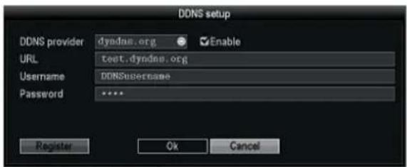 DDNS setup DDNS provider dyndns.org Enable URL text.dyndns.org Username DDNSusername Password ***** Register Ok Cancel