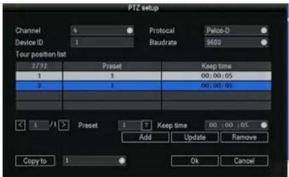 PTZ setup Channel 4 Protocol Peico-D Device ID 1 Baudrate 9600 Tour position list 2/32 Preset Keep time 1 1 00:00:05 2 1 00:00:05 1 /1 Preset 1 ? Keep time 00:00:05 Add Update Remove Copy to 1 Ok Cancel