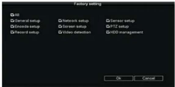 Factory setting AB General setup Encode setup Record setup Network setup Screen setup Video detection Sensor setup PTZ setup HDD management Ok Cancel