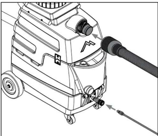 Technical line drawing of a hair dryer with hose and pipe connection (no text or symbols)