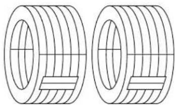 Two identical cylindrical mechanical components with internal grooves and hatching patterns (no text or symbols)