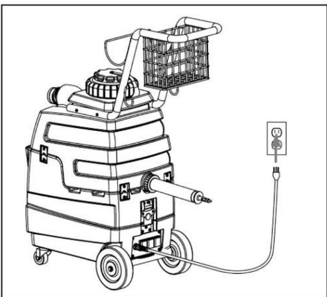 Line drawing of a portable electric water purifier with a basket and power outlet (no text or symbols)