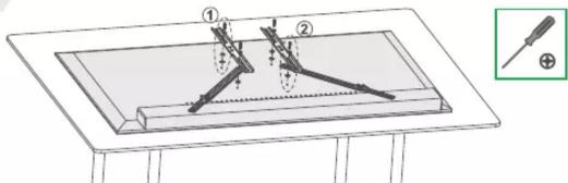 Technical diagram showing two mechanical components labeled ① and ② with a magnified inset of a screwdriver.