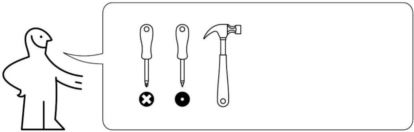 Illustration showing a person pointing to three different tools: screwdriver, hammer, and cross symbol.