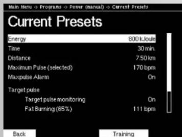 KETTLER Syncross V3 - Rendimiento (manual) -> Predeterminaciones actuales - 1