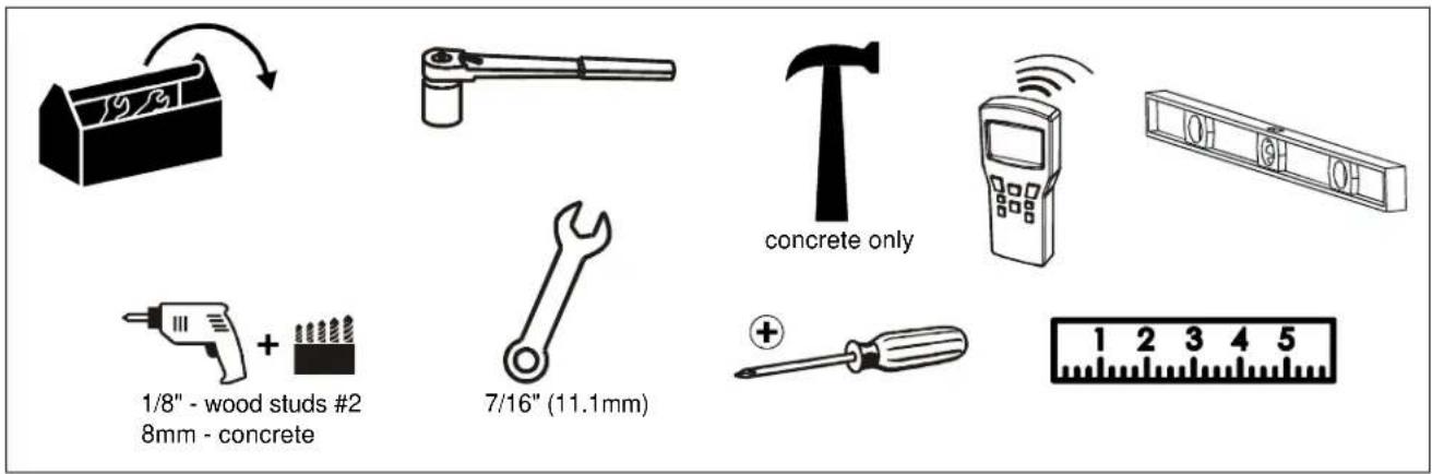 1/8" - wood studs #2 8mm - concrete 7/16" (11.1mm) concrete only +
