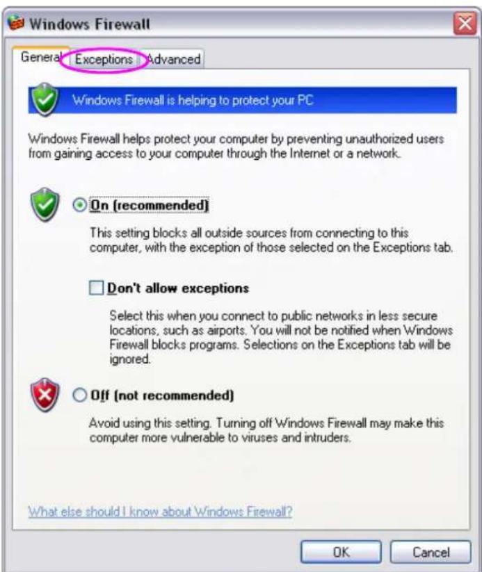 Windows Firewall General Exceptions Advanced Windows Firewall is helping to protect your PC Windows Firewall helps protect your computer by preventing unauthorized users from gaining access to your computer through the Internet or a network. On [recommended] This setting blocks all outside sources from connecting to this computer, with the exception of those selected on the Exceptions tab. Don't allow exceptions Select this when you connect to public networks in less secure locations, such as airports. You will not be notified when Windows Firewall blocks programs. Selections on the Exceptions tab will be ignored. Off (not recommended) Avoid using this setting. Turning off Windows Firewall may make this computer more vulnerable to viruses and intruders. What else should I know about Windows Firewall? OK Cancel