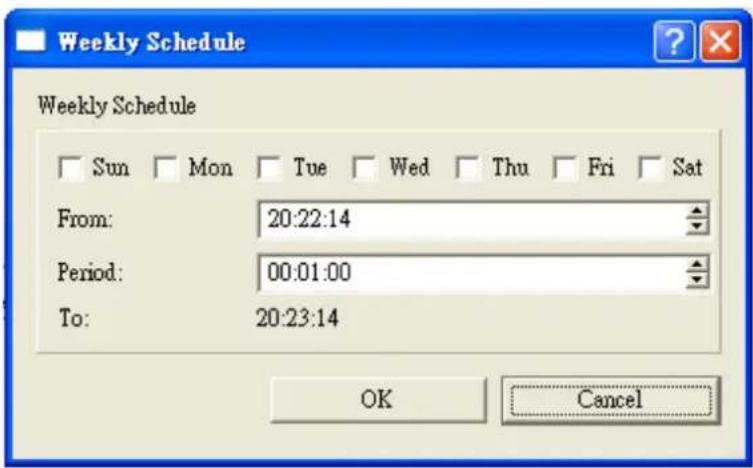 Weekly Schedule Weekly Schedule Sun Mon Tue Wed Thu Fri Sat From: 20:22:14 Period: 00:01:00 To: 20:23:14 OK Cancel