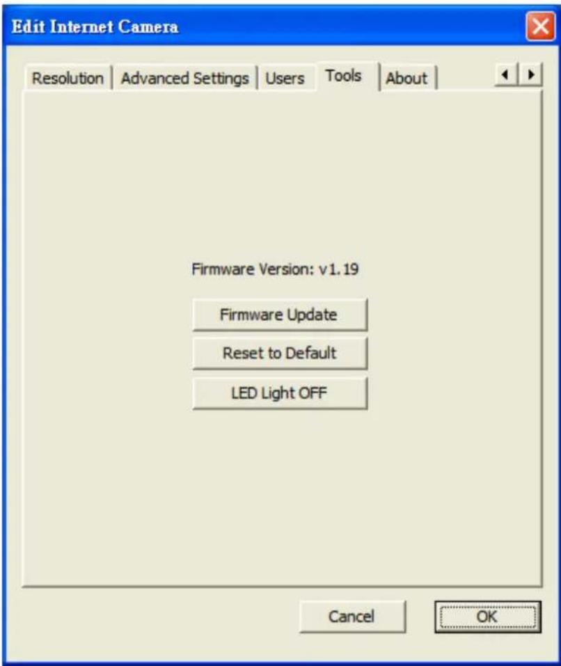 Edit Internet Camera Resolution | Advanced Settings | Users | Tools | About | Firmware Version: v1.19 Firmware Update Reset to Default LED Light OFF Cancel OK