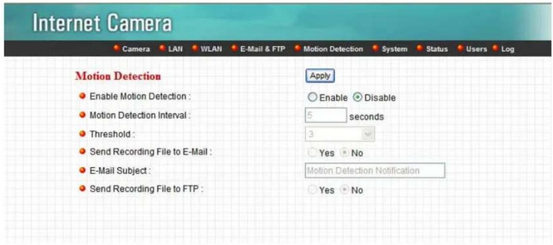 Internet Camera Camera LAN WLAN E-Mail & FTP Motion Detection System Status Users Log Motion Detection Enable Motion Detection : Motion Detection Interval : Threshold : Send Recording File to E-Mail : E-Mail Subject : Send Recording File to FTP : Apply Enable Disable 5 seconds 3 Yes No Motion Detection Notification Yes No