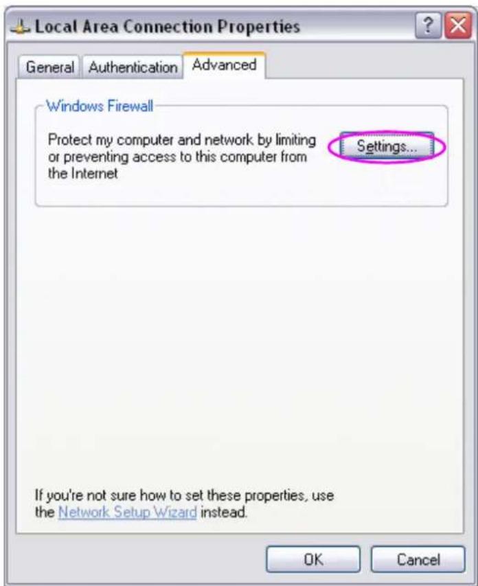 Local Area Connection Properties General Authentication Advanced Windows Firewall Protect my computer and network by limiting or preventing access to this computer from the Internet Settings... If you're not sure how to set these properties, use the Network Setup Wizard instead. OK Cancel