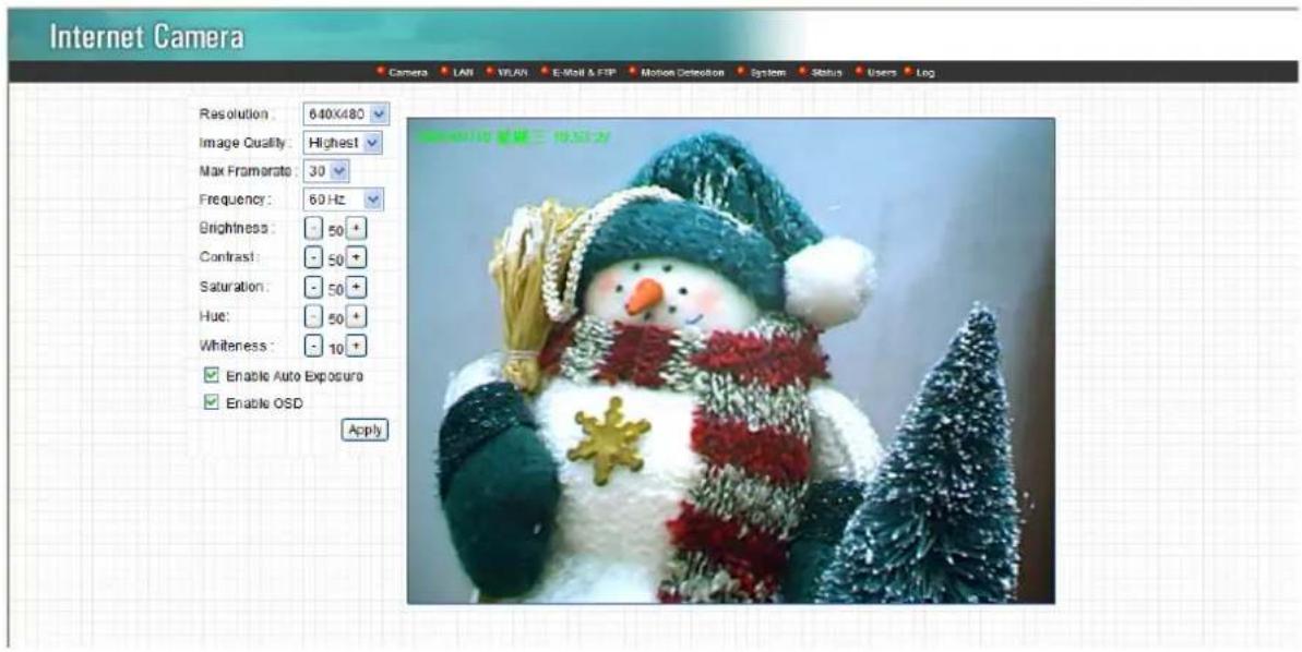 Internet Camera Resolution: 640x480 Image Quality: Highest Max Frame Rate: 30 Frequency: 60 Hz Brightness: 50 + Contrast: 50 + Saturation: 50 + Hue: 50 + Whiteness: 10 + Enable Auto Exposure Enable OSD Apply