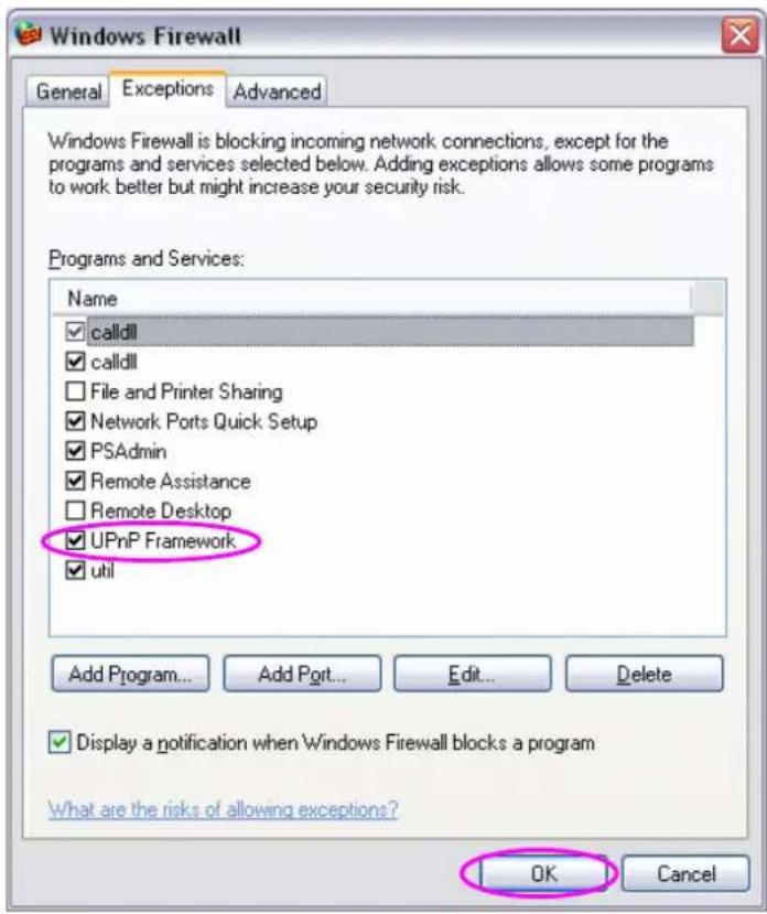Windows Firewall General Exceptions Advanced Windows Firewall is blocking incoming network connections, except for the programs and services selected below. Adding exceptions allows some programs to work better but might increase your security risk. Programs and Services: Name ✓ calidll ✓ calidll □ File and Printer Sharing ✓ Network Ports Quick Setup ✓ PSAdmin ✓ Remote Assistance □ Remote Desktop ✓ UPnP Framework ✓ util Add Program... Add Port... Edit... Delete ✓ Display a notification when Windows Firewall blocks a program What are the risks of allowing exceptions? OK Cancel